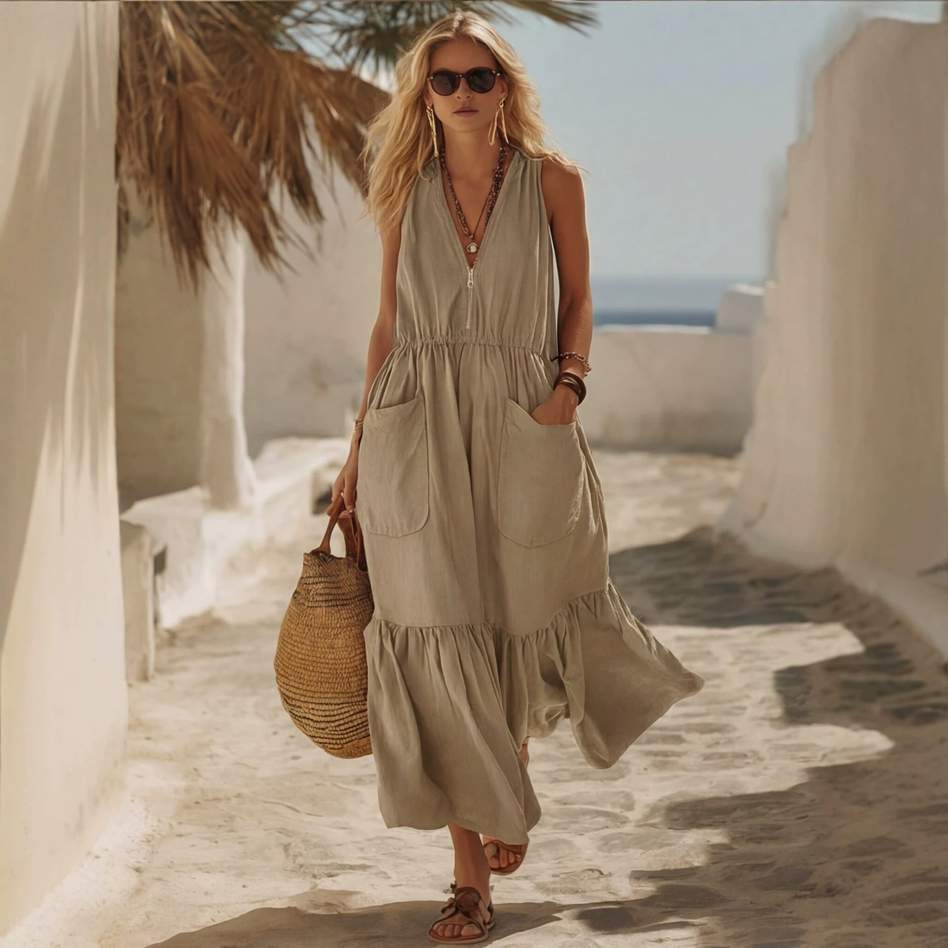Sleeveless V-Neck A-Line Maxi Dress with Pockets