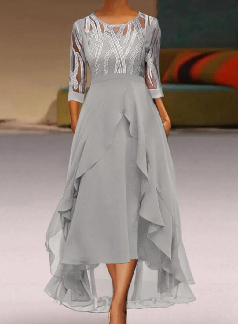 Women's Autumn Winter Midi Chiffon Dress Lace Spliced Round Neck Bridesmaid Evening Gown