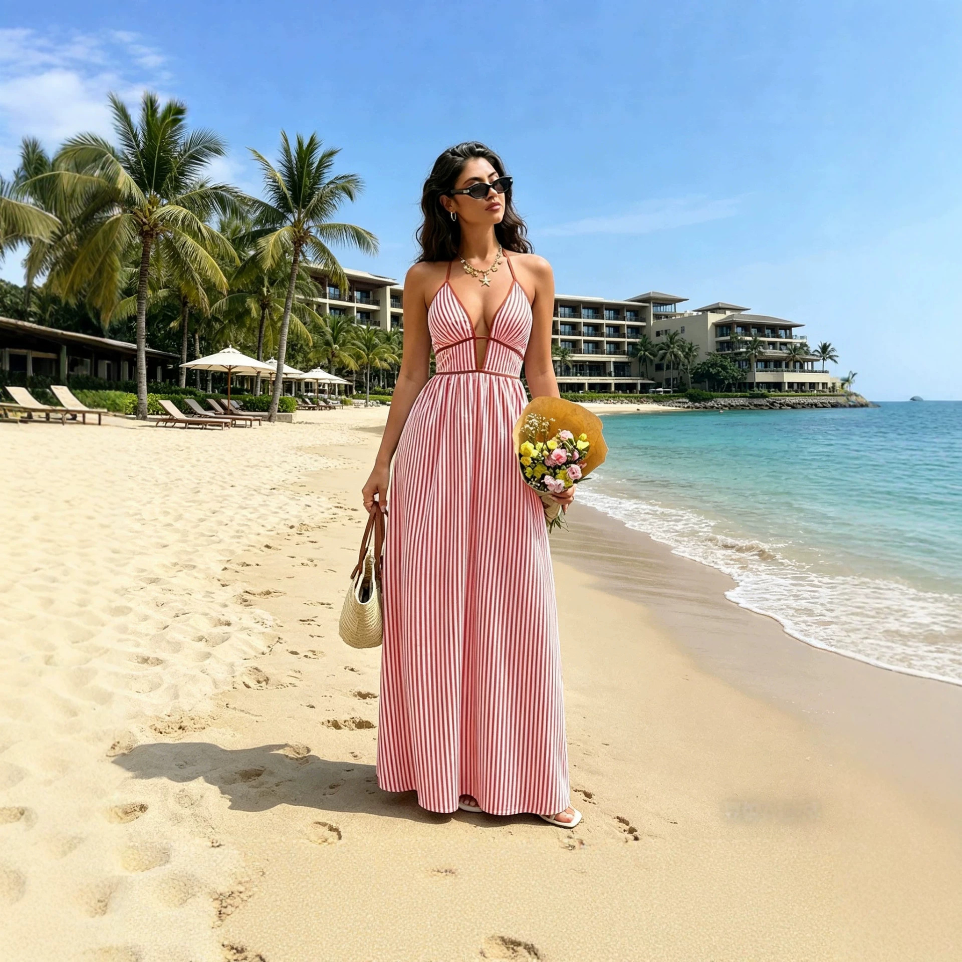 Women's Deep V-Neck Striped Sleeveless Maxi Dress