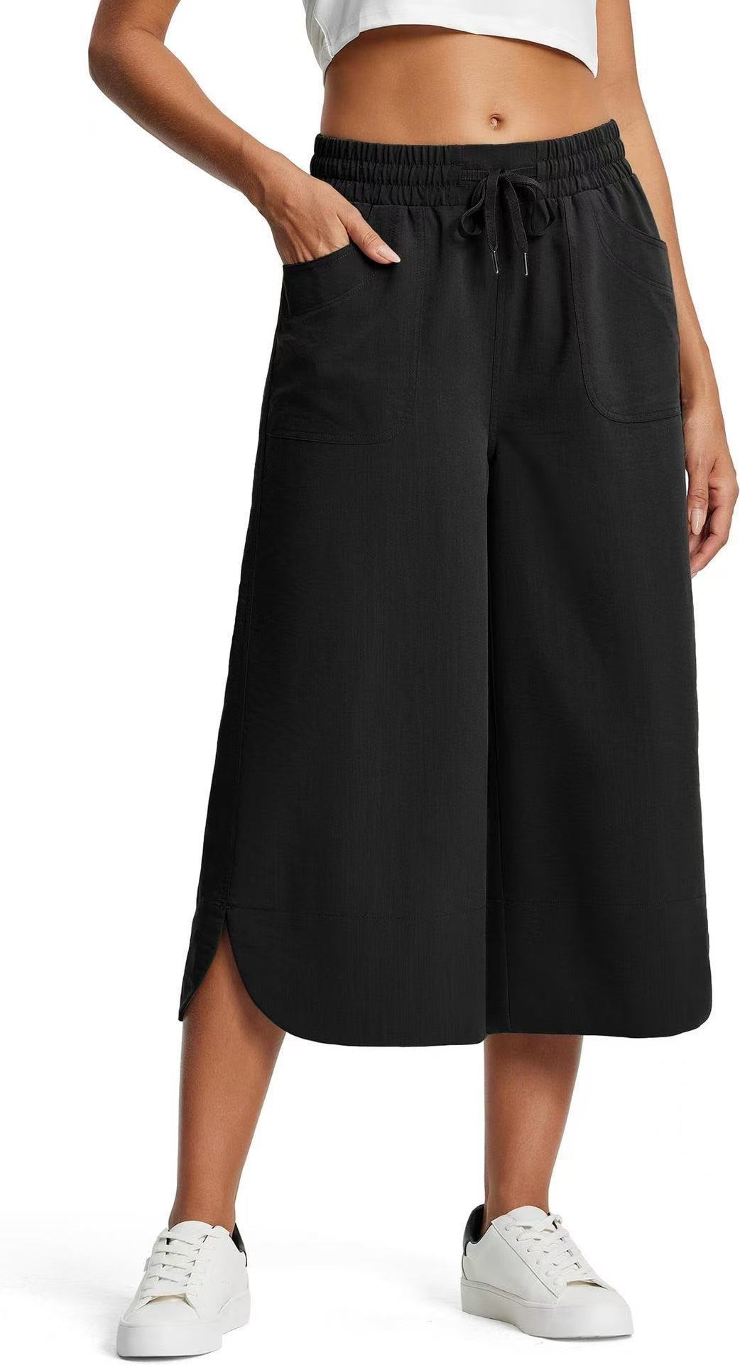 Women's Elastic Waist Solid Color Wide Leg Cropped Pants