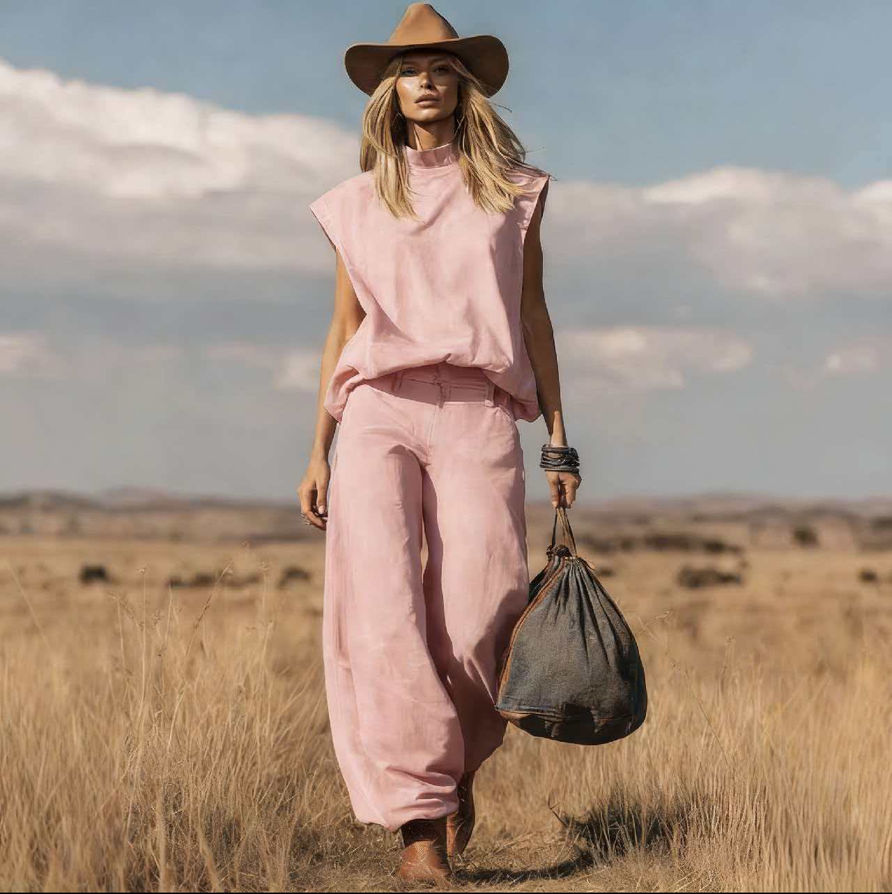 Western-Style Sleeveless Wide-Leg Jogger Suede Set