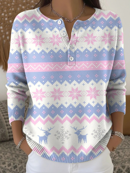 Women's Christmas Tree Snowman Scarf Print Button Sweatshirt