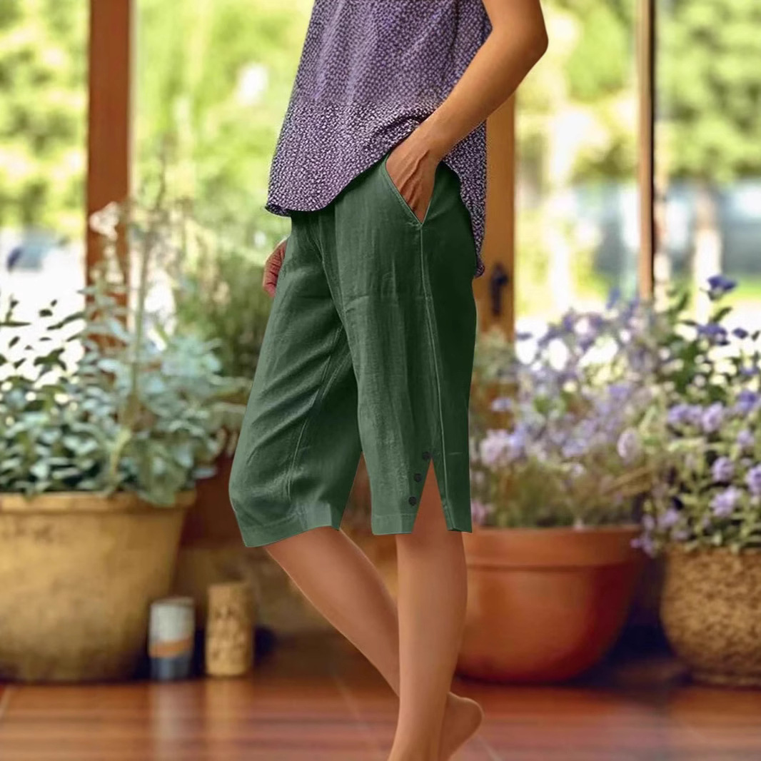 Women's Casual Loose Cotton-Linen Elastic Waist Pocket Shorts