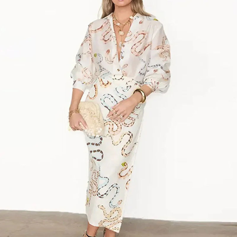 Elegant Loose Print Long-Sleeve Shirt and Skirt Two-Piece Set