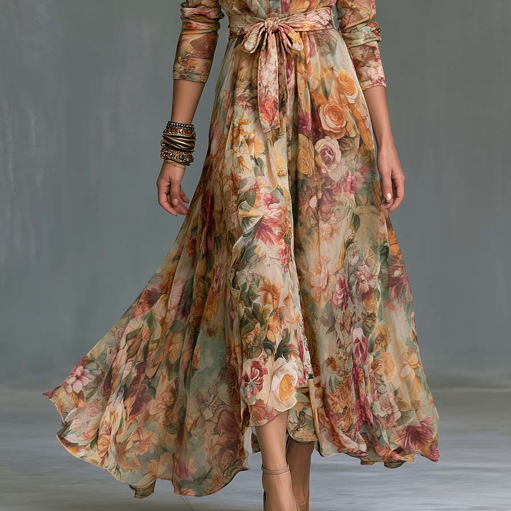 Floral Print Long Sleeve A-Line Maxi Dress with Polo Collar and Tie Waist