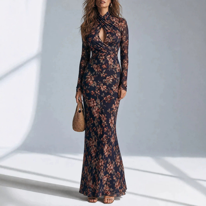 Vintage Floral Print Slim-Fit Long-Sleeve Bodycon Dress