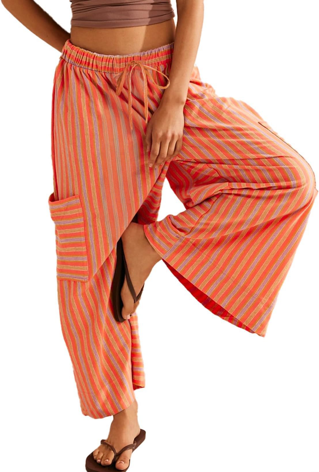 Striped Straight-Leg Drawstring Wide-Leg Beach Pants for Women