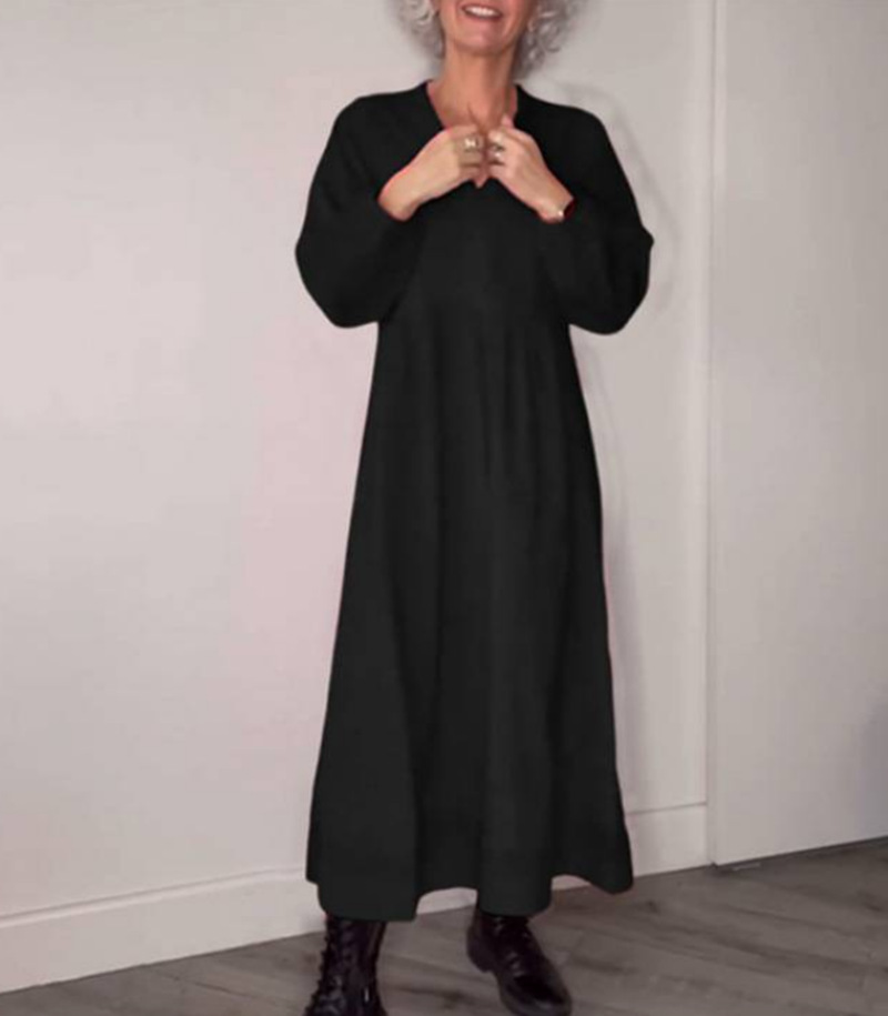 Solid V-Neck Long Sleeve Pocket Maxi Dress