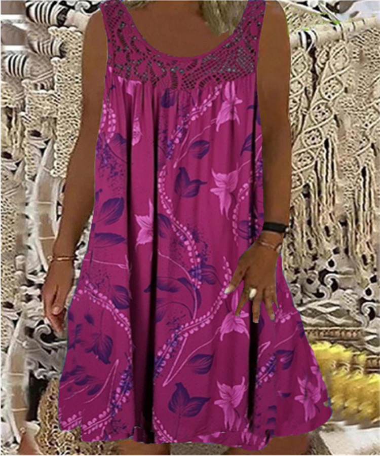 Women's Vintage Floral Butterfly Midi Dress Sleeveless Round Neck Slim Fit