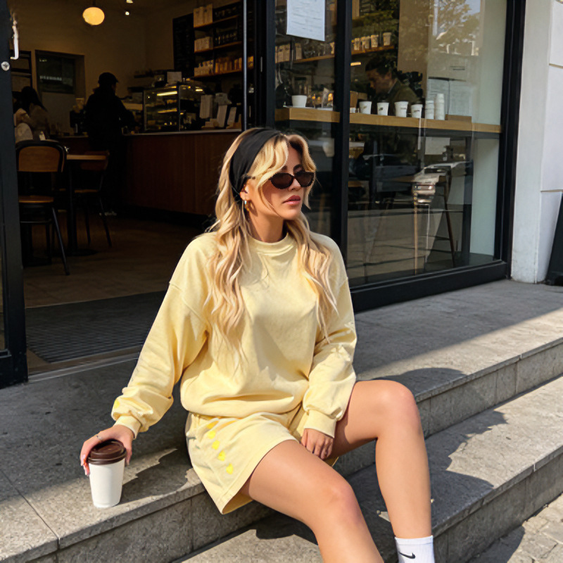 Women's Loose Crewneck Long Sleeve Sweatshirt and Shorts Set