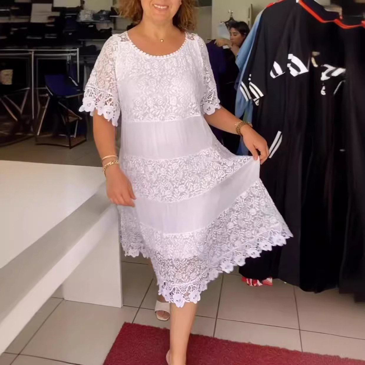 Women's Solid Color Hollow-Out Round Neck Short Sleeve Dress
