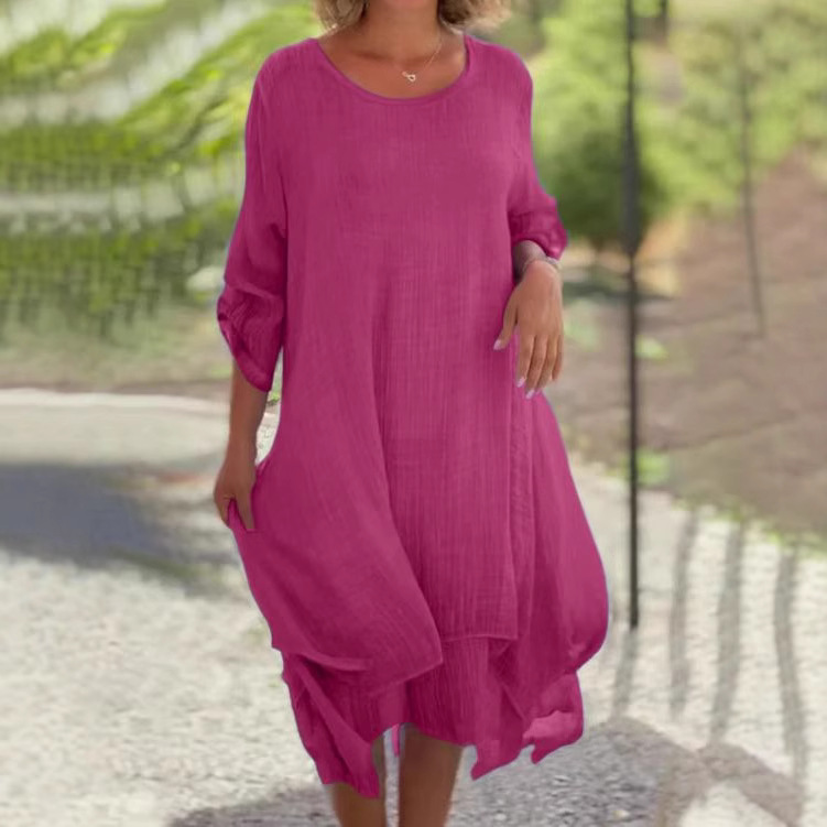 Women's Round Neck Asymmetrical Hem Solid Color Flowy Midi Dress