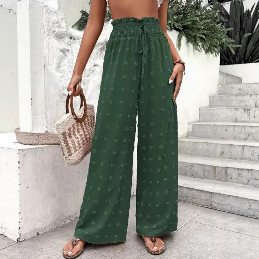 Black Jacquard Wide-Leg Pants High Waist Drawstring Loose Casual