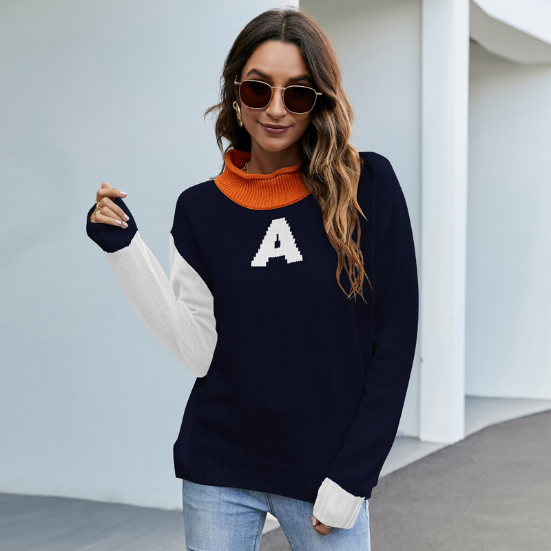 Letter Jacquard Mock Neck Pullover Sweater