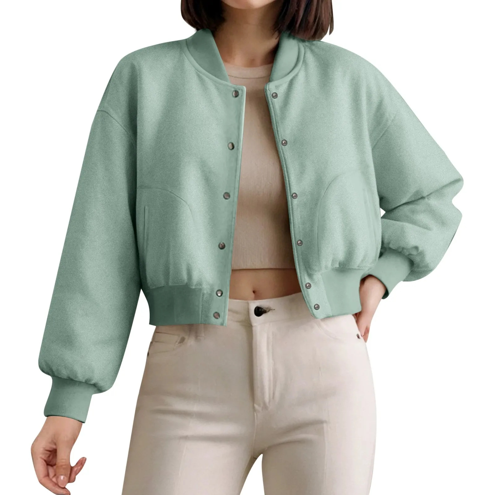 Women's Cropped Bomber Jacket, American Style, Polyester