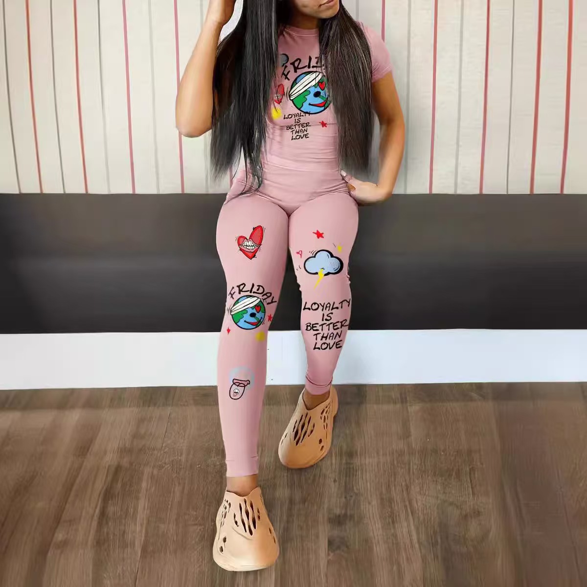 Women's Graphic Print Slim Fit Long Pants Set