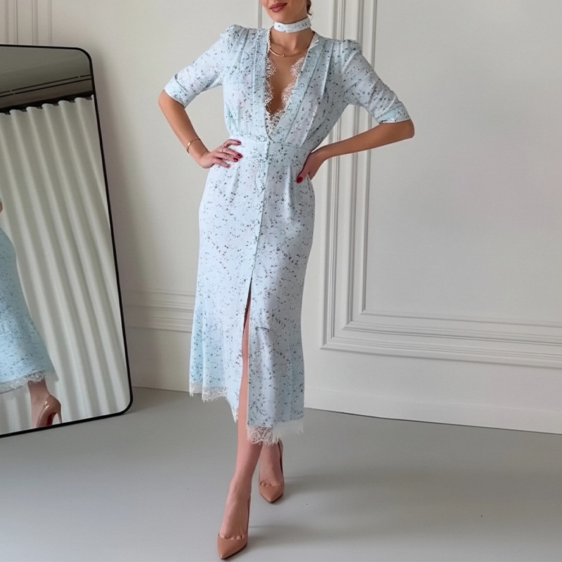 Women's V-Neck Floral Lace Panel Dress