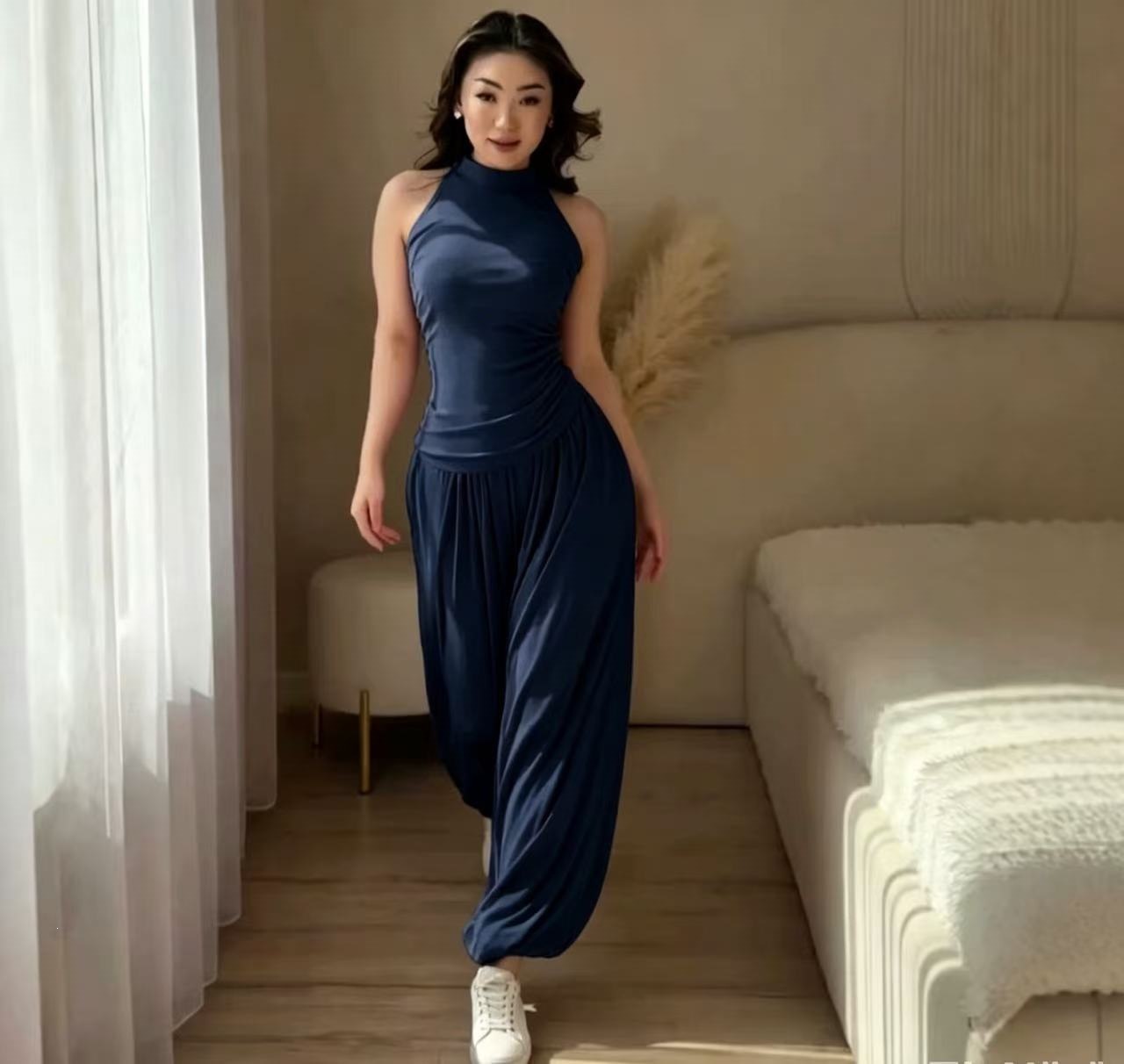 Women's Stand Collar Sleeveless Crop Top and Lantern Pants Two-Piece Set