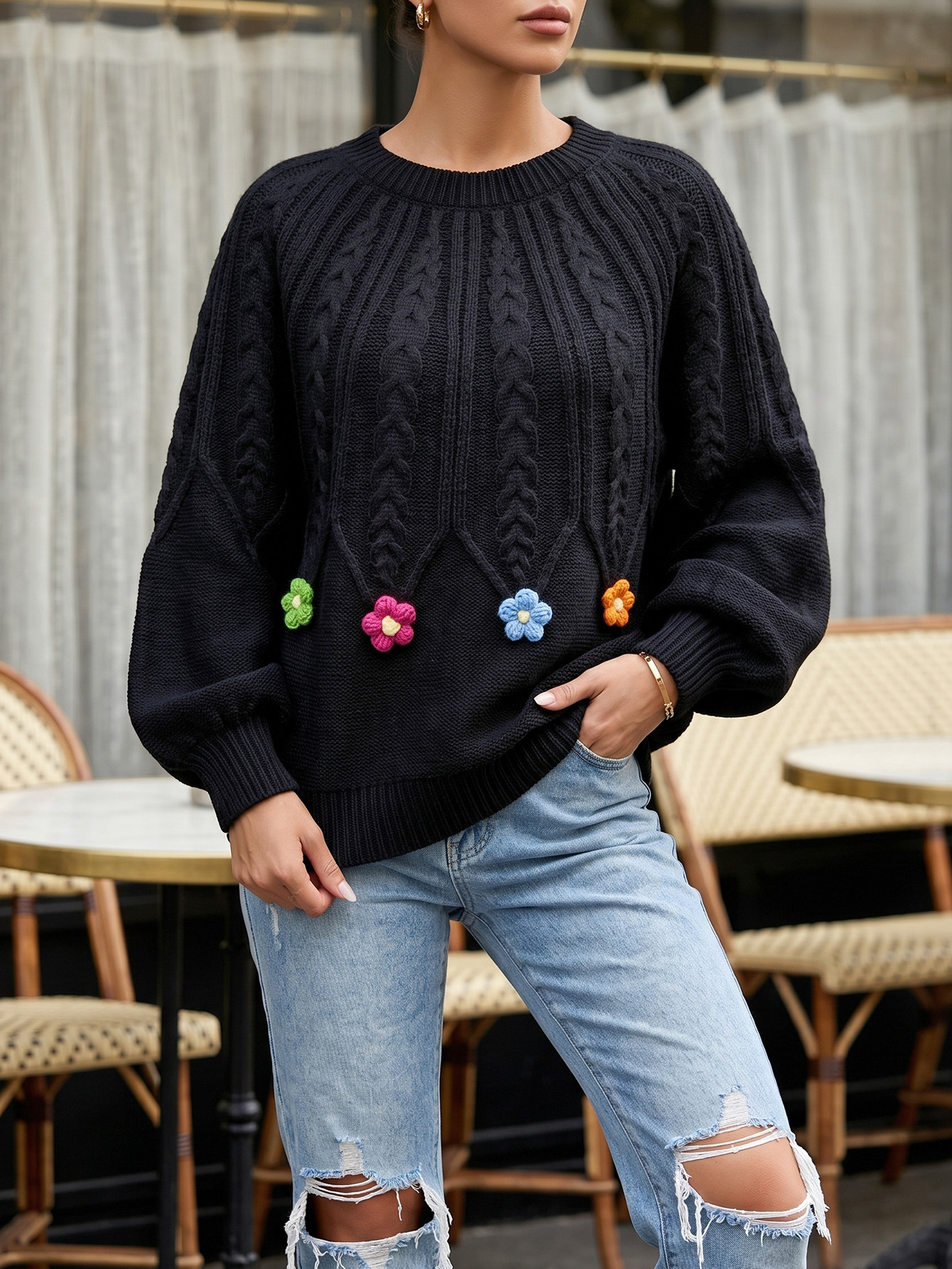 Women's Cable-Knit Sweater with Lantern Sleeves and Round Neck