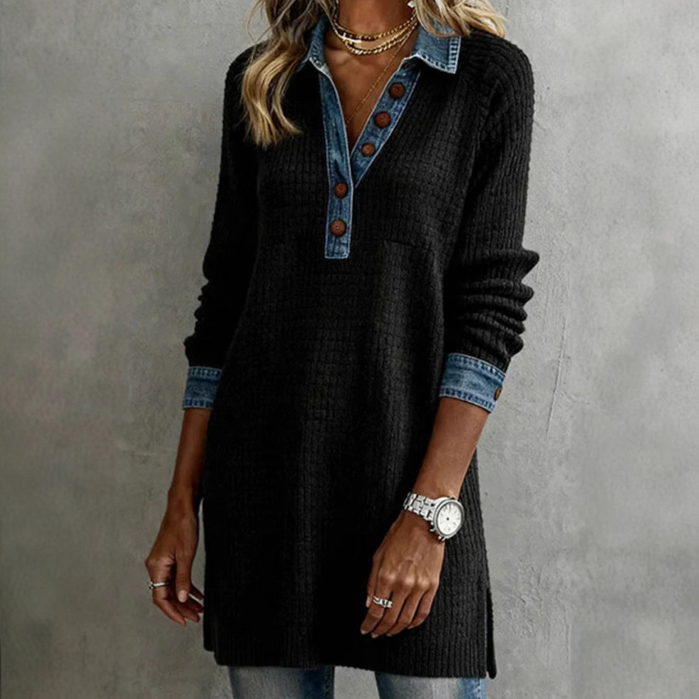 Denim Patchwork Long Sleeve Collared Button Dress