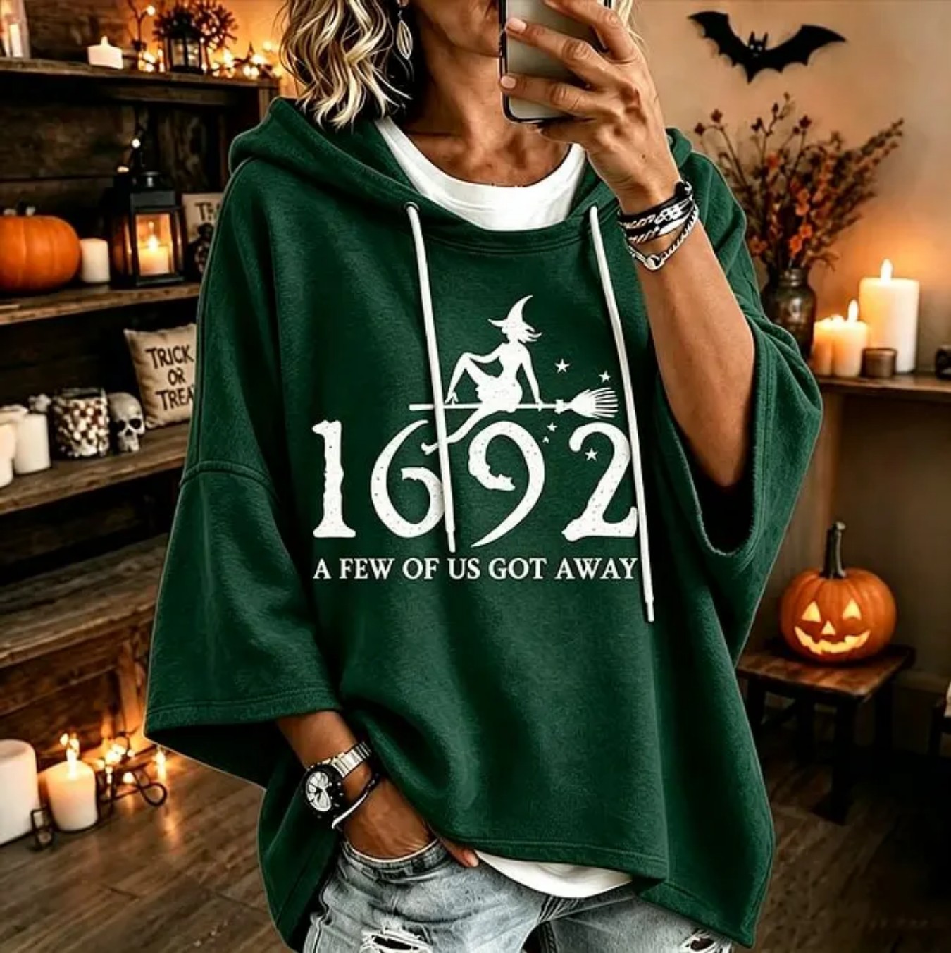 Halloween Witch Broom Flying 1692 Print Hoodie Women's Top