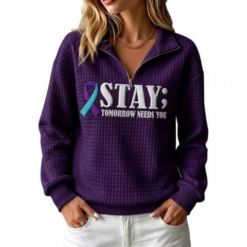 Ribbon Print Waffle Knit Collared Hoodie for Women