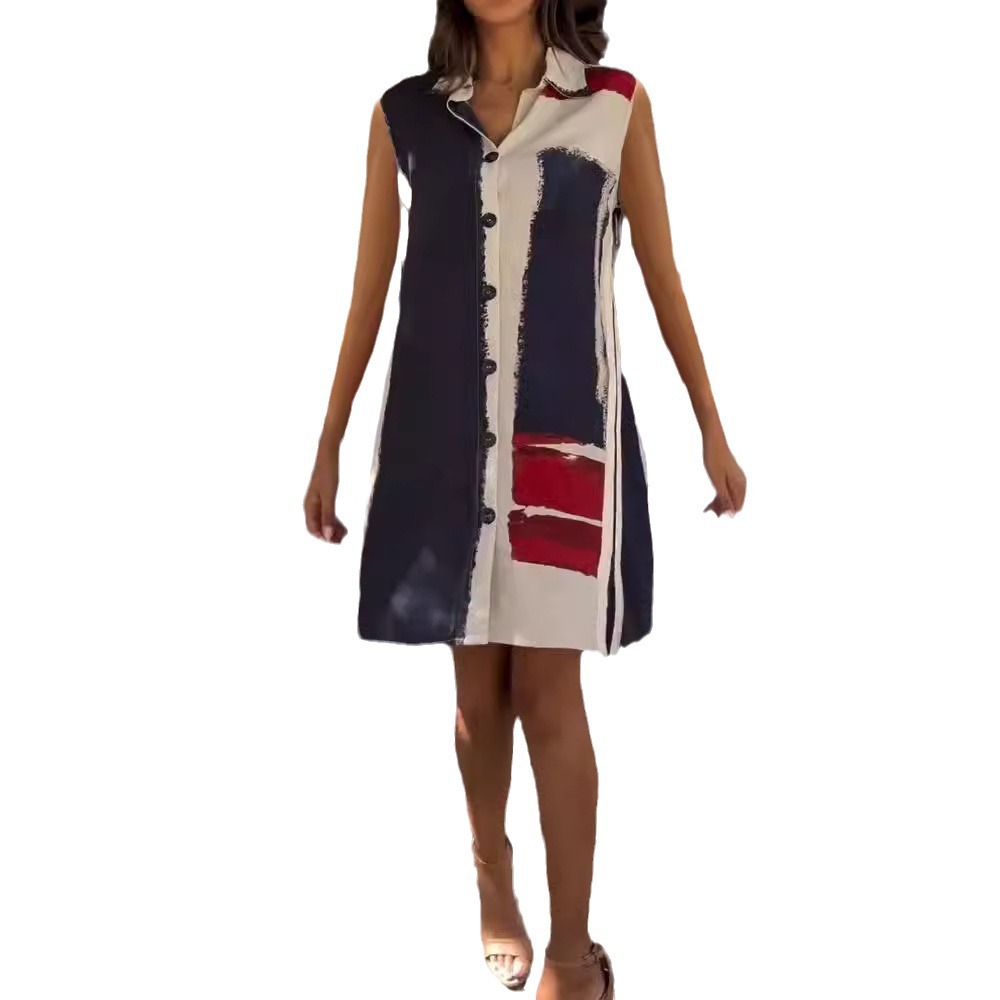 Printed Sleeveless Button-Front Midi Dress