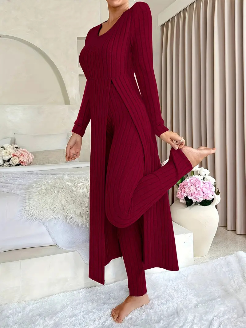Women's Two-Piece Set with Split Hem Long Sleeve Top