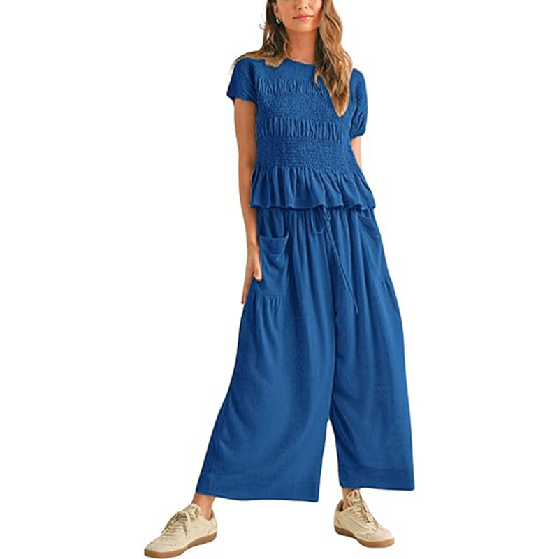 Women's Solid Color Smocked High Waist Wide Leg Pants Short Sleeve Casual Two-Piece Set