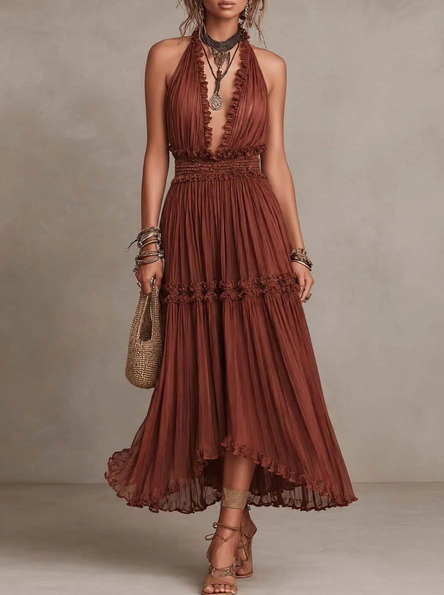 Lace V-Neck High-Waist Long Dress