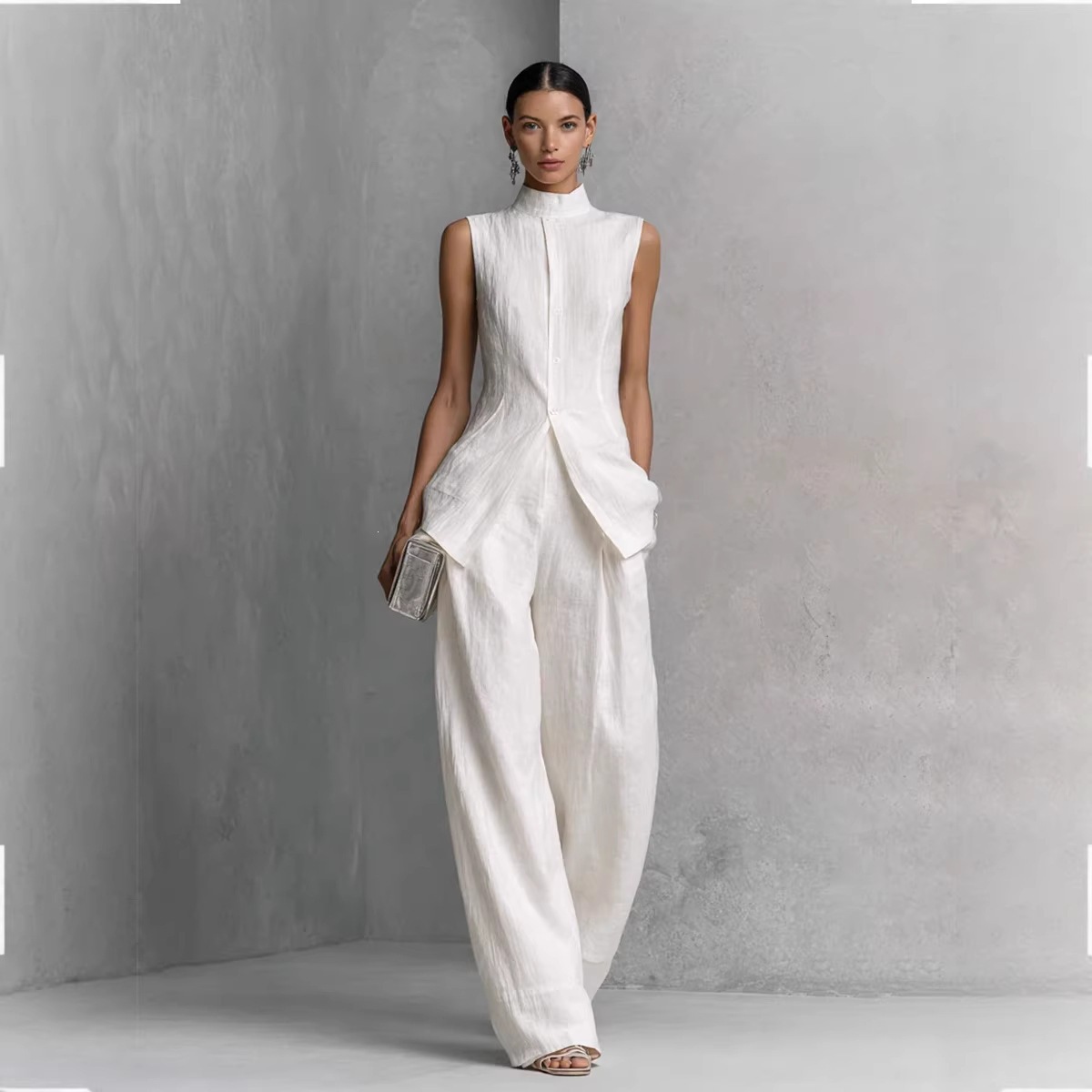 Sleeveless Cotton-Linen Shirt and Pants Set