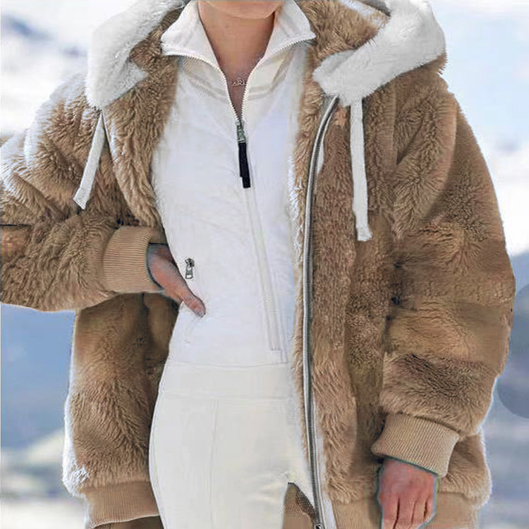Women's Loose Solid Fleece Zip-Up Hooded Jacket