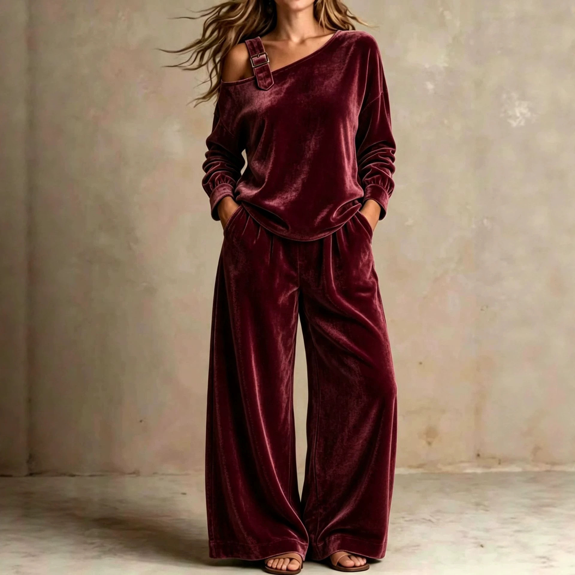 Women's Velvet One-Shoulder Two-Piece Pants Set Casual Loungewear