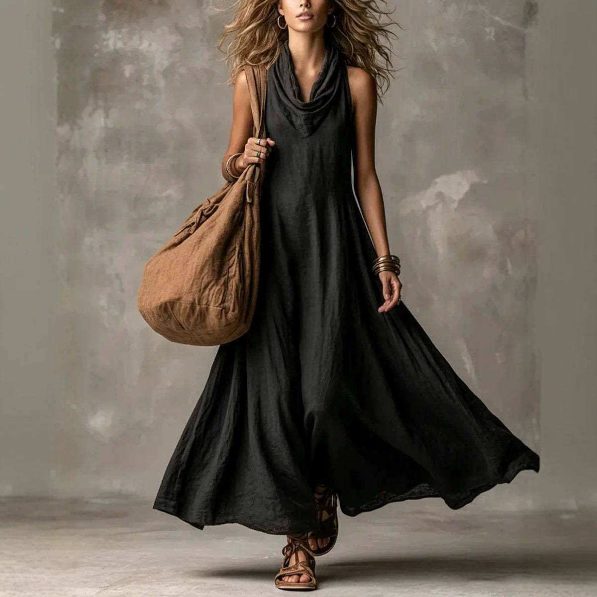 Women's Sleeveless Cowl Neck A-Line Maxi Dress Loose Fit