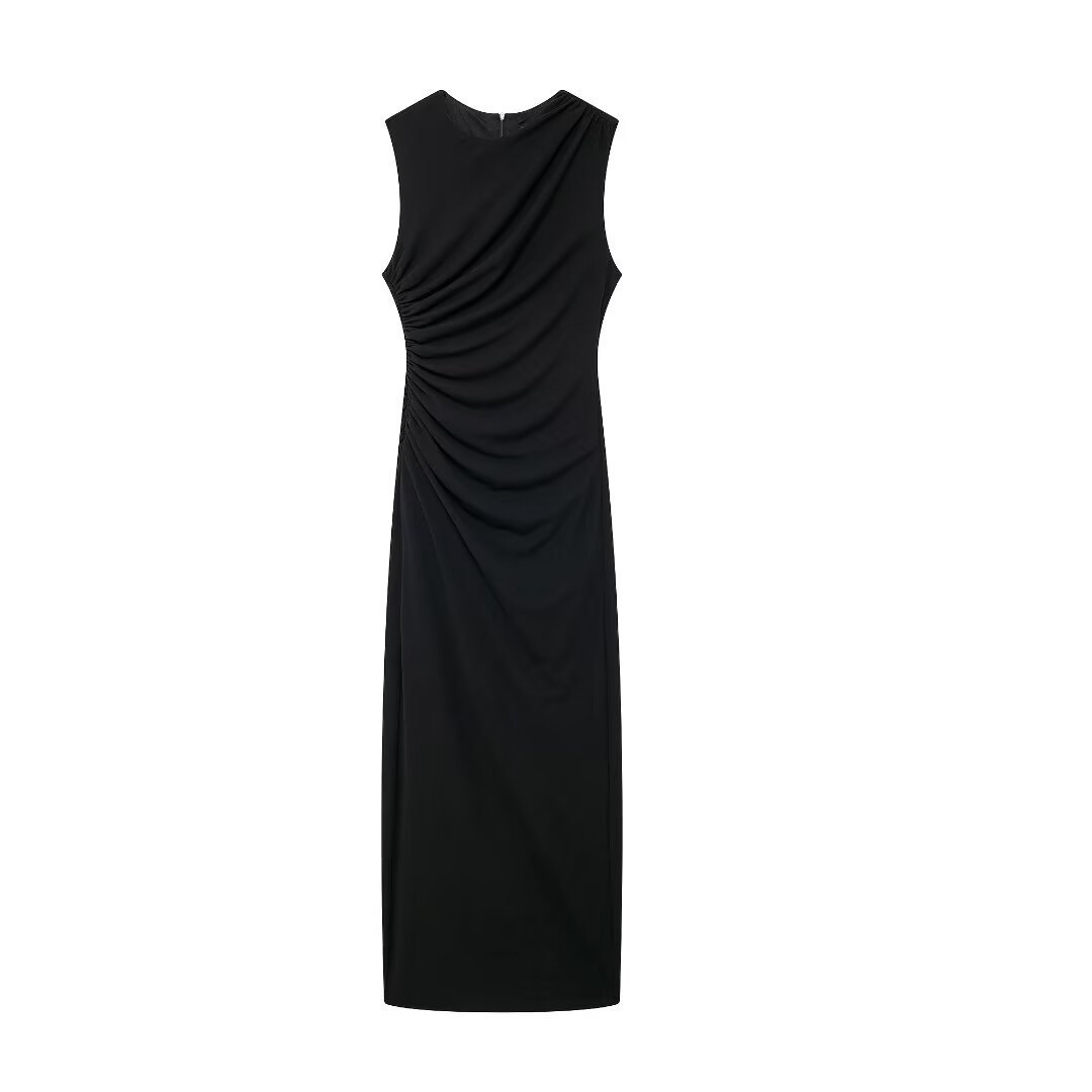 Women's Slim Fit Pleated Midi Dress Sleeveless Round Neck