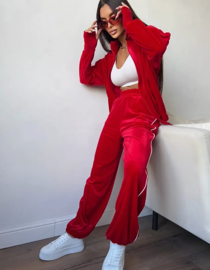 Women's Solid Corduroy Long Sleeve Zip-Up Hoodie and Pants Set