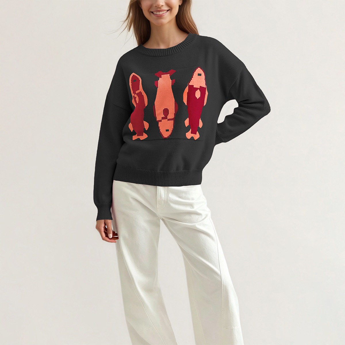 Women's Round Neck Loose Knit Pullover Sweater with Color Block Pattern