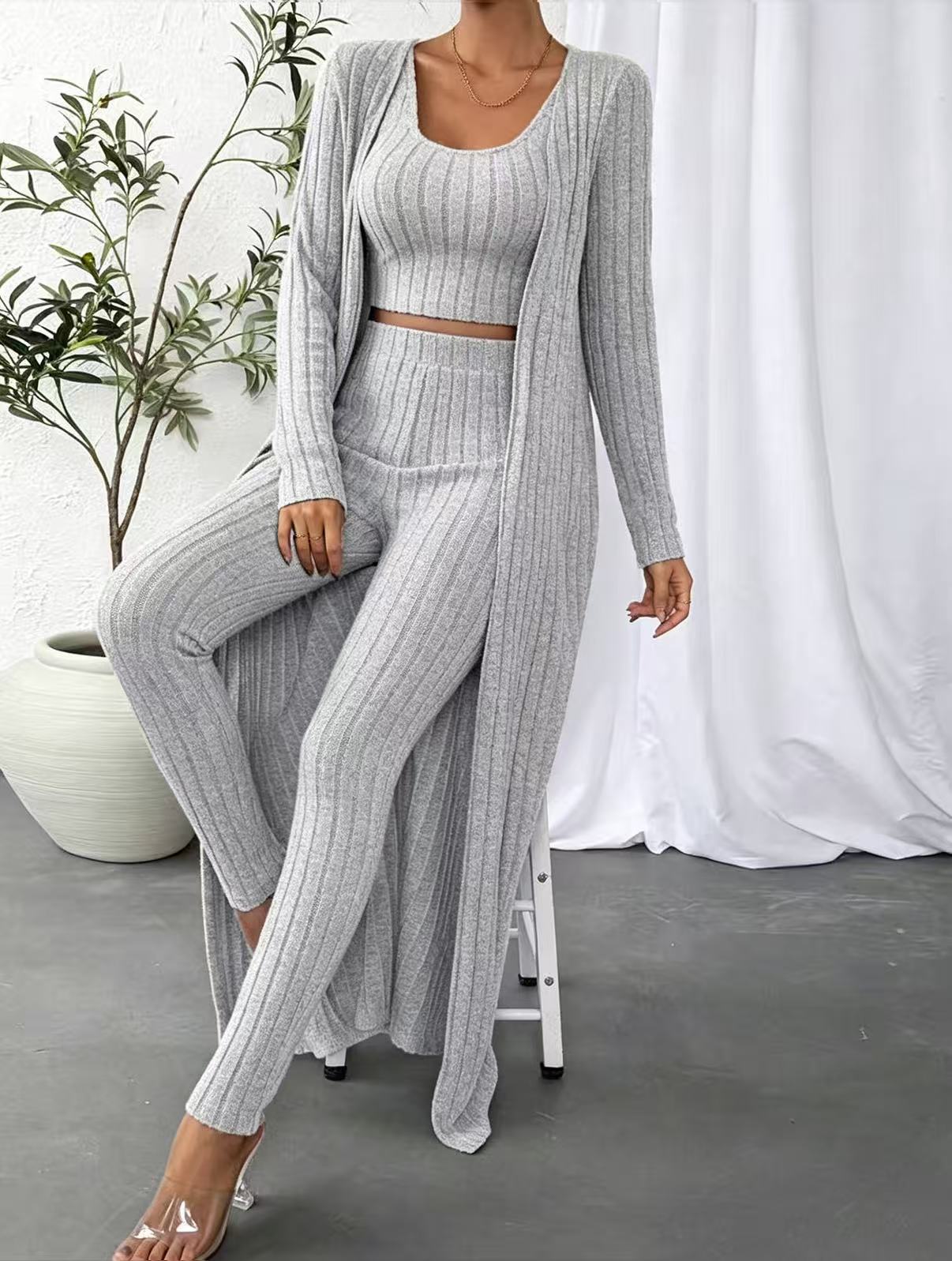 Minimalist Solid Knit 3-Piece Lounge Set with Cardigan