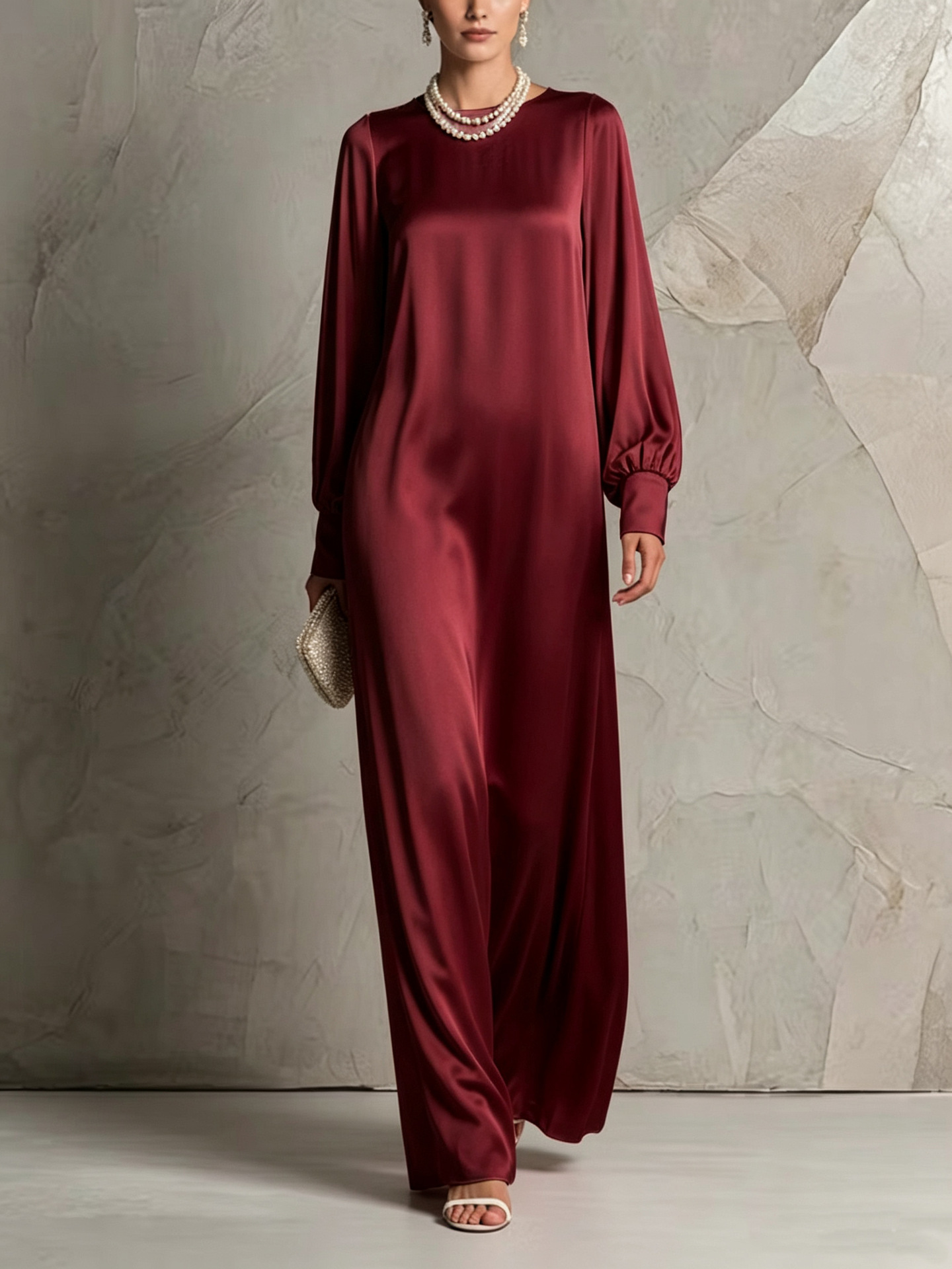 Solid Silk-Feel Lantern Sleeve Maxi Dress with Round Neck and Flowing Oversized Skirt