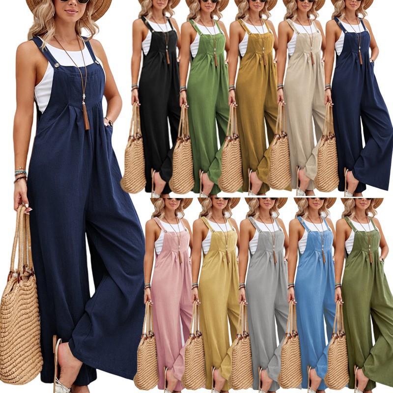 Women's Solid Color Casual Straight-Leg Overalls Vintage Style