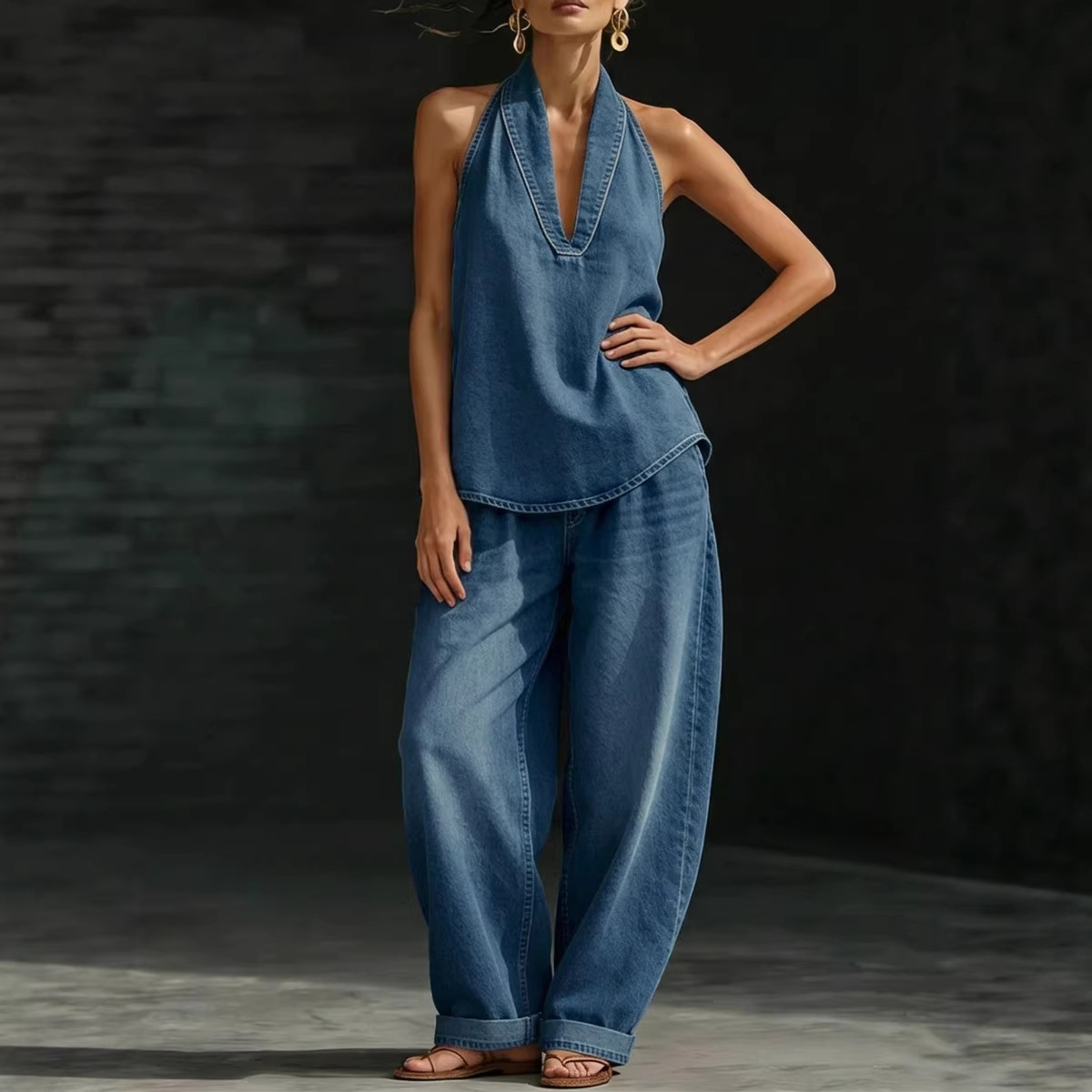 Women's Retro Buckle Denim Top & Wide-Leg Jeans Set