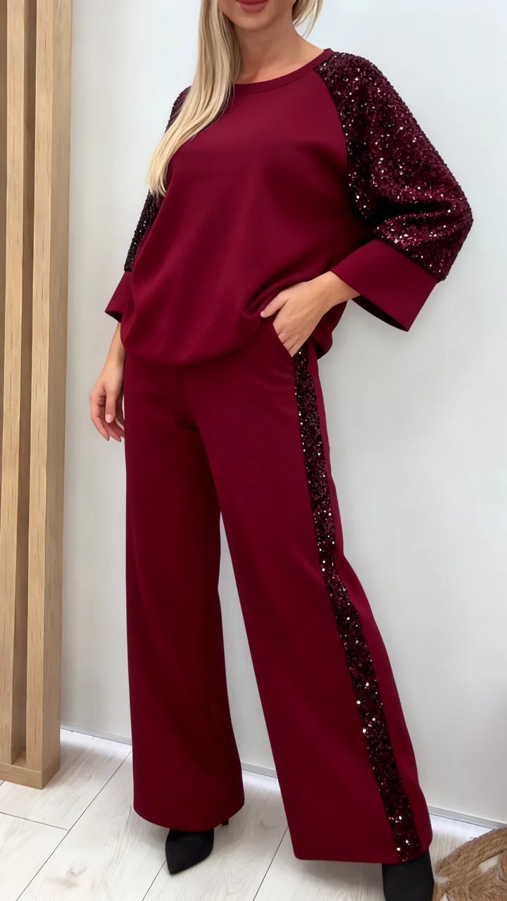 Sequin Patchwork Long-Sleeve Crewneck Sweatshirt & Pants Set