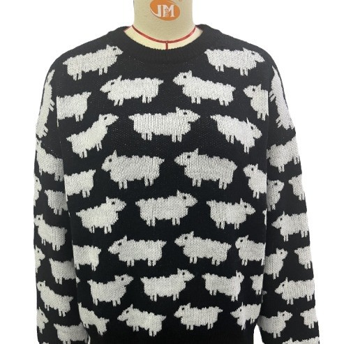 Alpaca Jacquard Crewneck Sweater Women's Loose Pullover