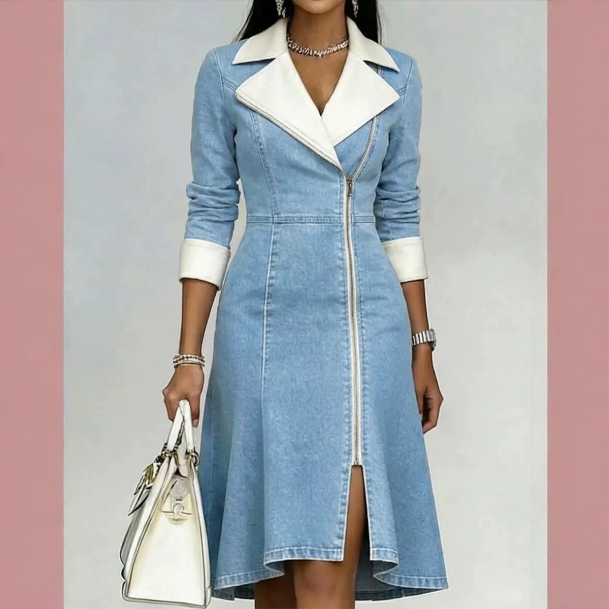 Women's Collared Long Sleeve Zip Denim Patchwork Midi Dress