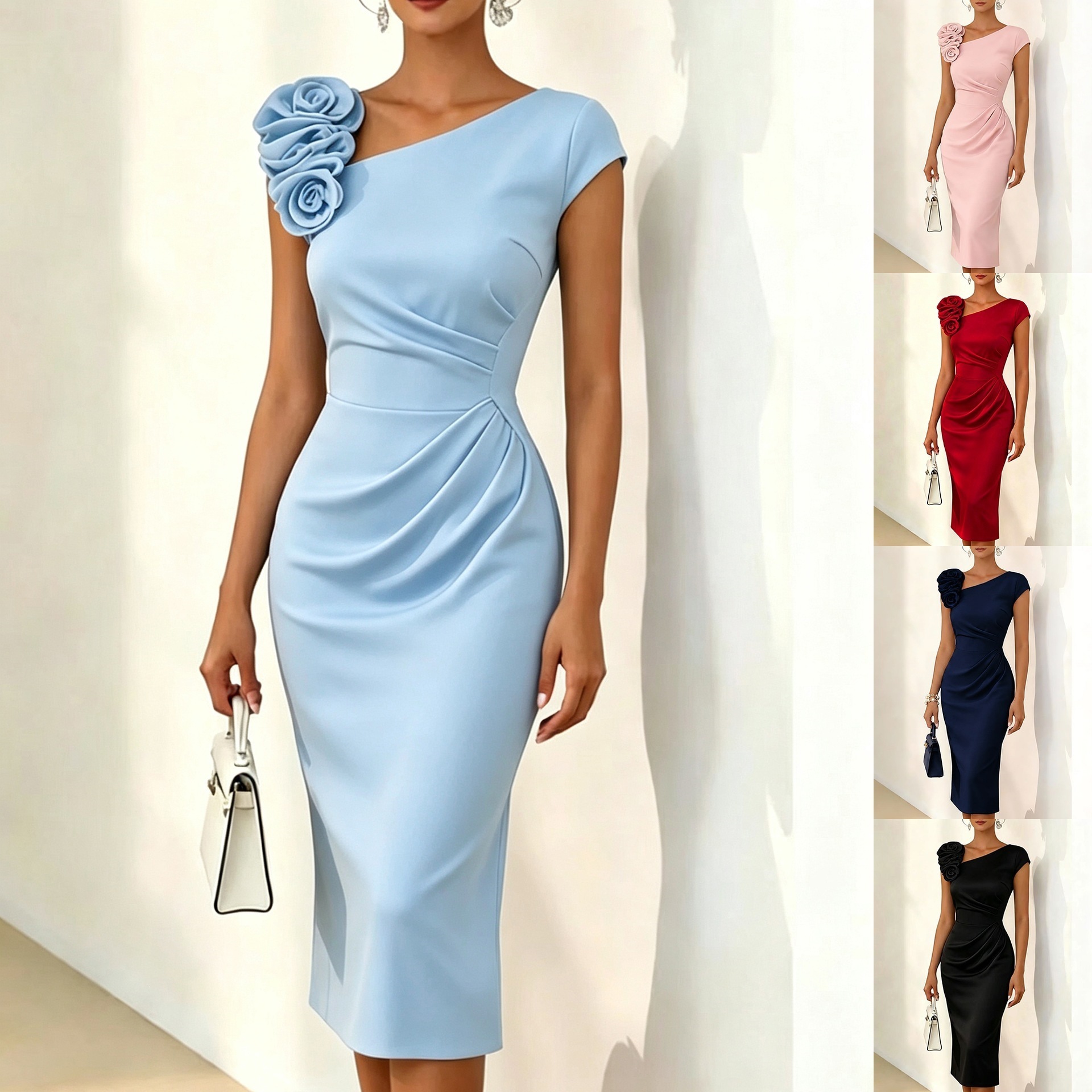 Women's Solid Color Flower Detail Pleated Short Sleeve Midi Dress