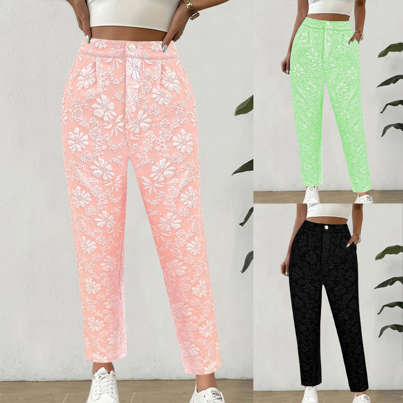 Floral Jacquard High-Waist Straight-Leg Pants with Pockets