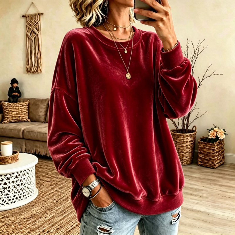 Women's Long Sleeve Gold Velvet Solid Color Crewneck Sweatshirt