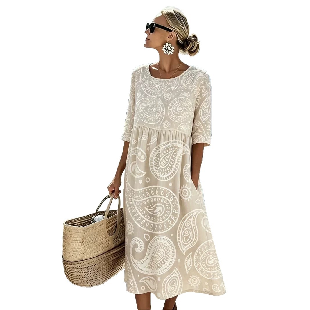 Women's Boho Vacation Print Ruched Midi Dress
