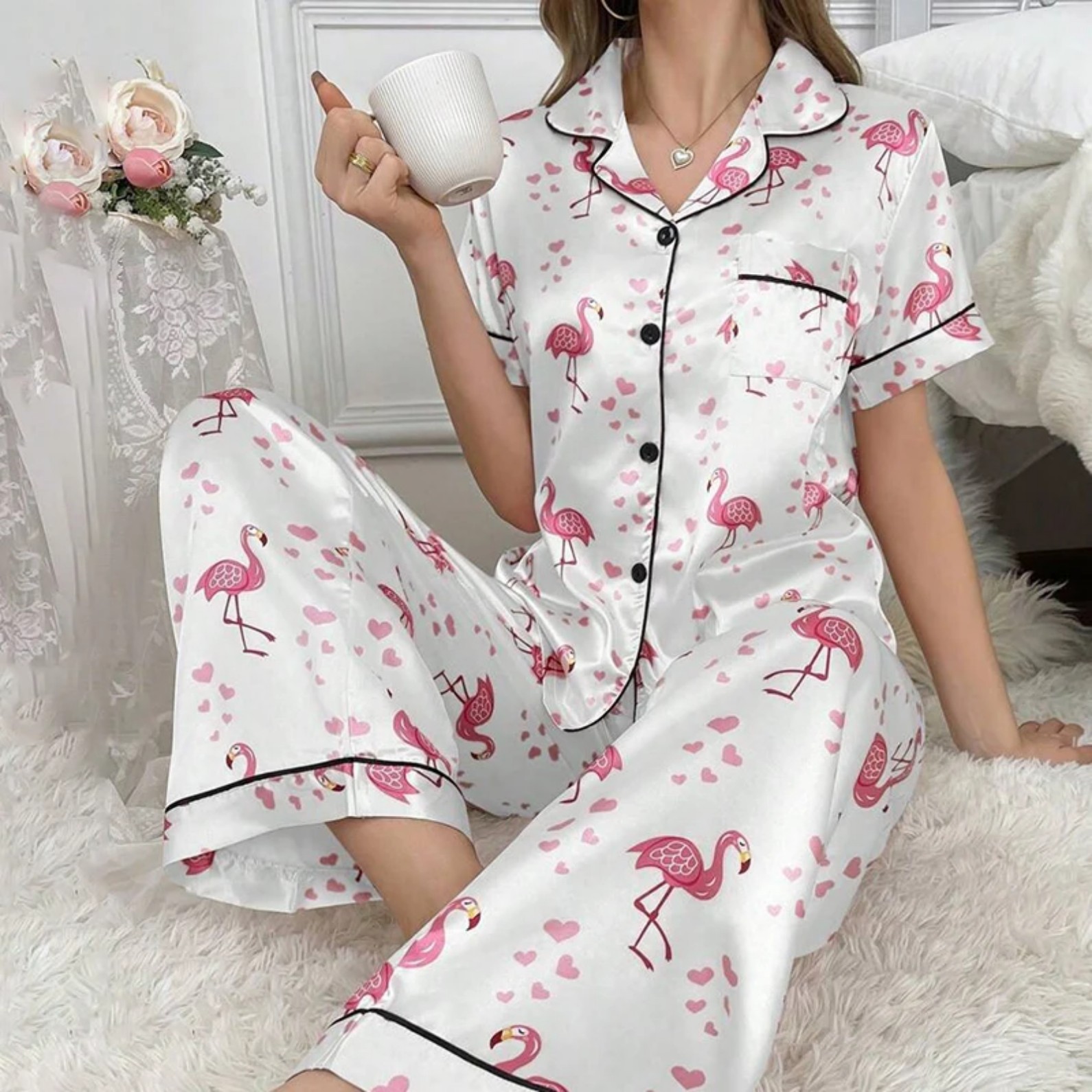 Cuban Collar Cute Animal Print Short Sleeve Pants Lounge Set for Women