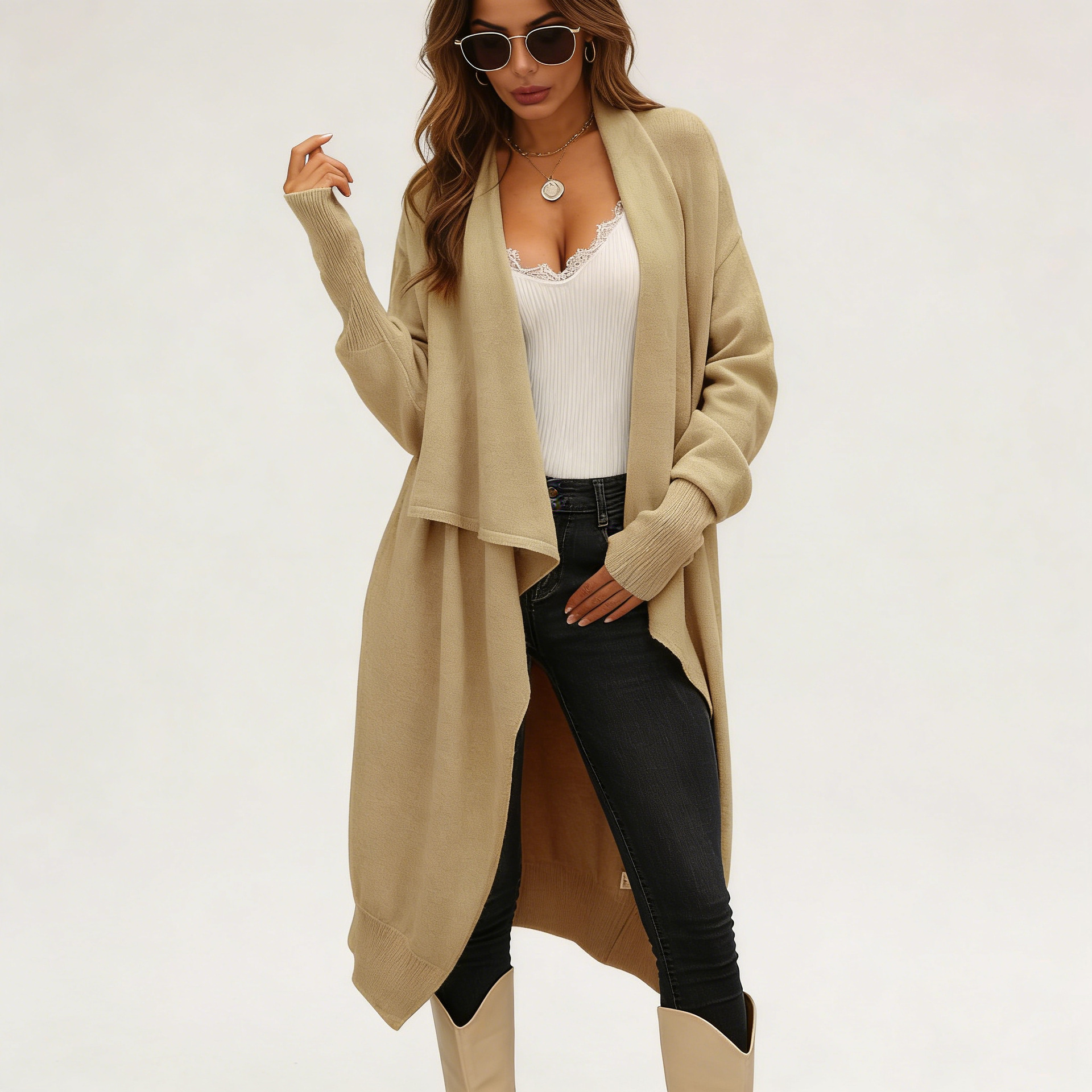 Women's Mid-Length Knit Solid Color Loose Cardigan Jacket